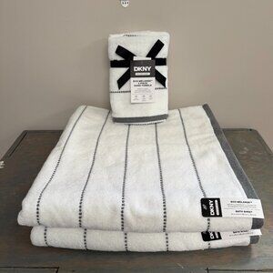 4Pc DKNY Bath Towels White Gray Stripes Striped Eco Friendly Hand Bath Towel Set